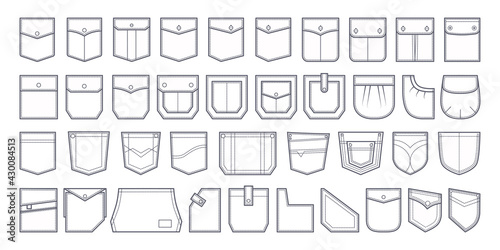 Pocket patch set. Pockets for fashion design shirt, dress, denim, round, oval, rectangular shapes. Vector graphics in sketch outline. Icon.