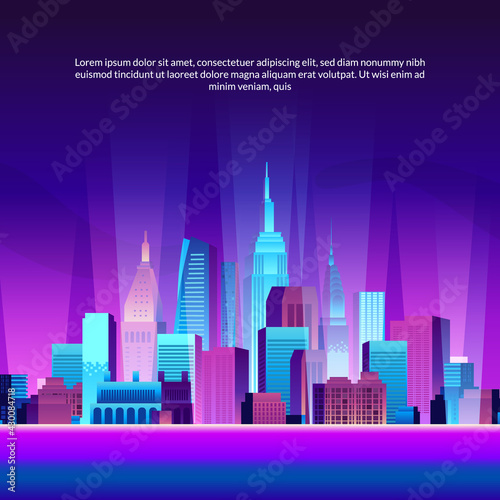 urban big city building skyscraper pop gradient modern neon glow color landscape scene illustration with sea and night background