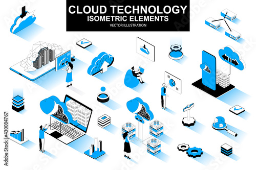 Cloud technology bundle of isometric elements. Server rack, hosting provider, information network, data storage, cloud database isolated icons. Isometric vector illustration kit with people characters