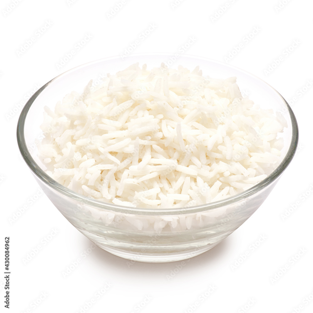 Boiled Rice in a glass bowl isolated on a white background with clipping path embedded Boiled Rice in a glass bowl isolated on a white background with clipping path embedded