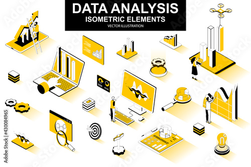 Data analysis bundle of isometric elements. Growing chart, business infographics, research tools, analytic data, financial index isolated icons. Isometric vector illustration kit with people character