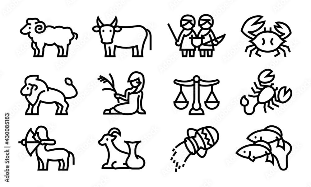 Zodiac Signs Vector Illustration Set (Bold outline version)