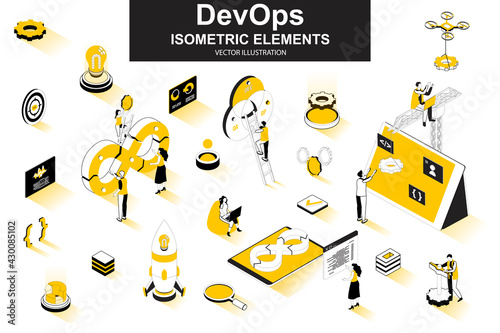 DevOps bundle of isometric elements. Startup launch, software development, deployment and testing, automation and programming isolated icons. Isometric vector illustration kit with people characters.
