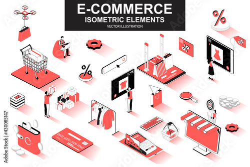 E-commerce bundle of isometric elements. Internet marketplace, atm terminal, online shopping, credit card payment, digital wallet isolated icons. Isometric vector illustration with people characters.