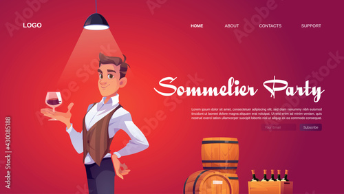 Sommelier party website with man holding wineglass. Banner of tasting alcohol drinks in winery bar or restaurant. Vector landing page with cartoon taster, wooden barrels and wine bottles