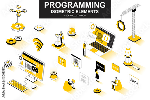 Programming bundle of isometric elements. Developer working, program languages, software engineering, full stack development isolated icons. Isometric vector illustration kit with people characters.