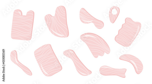 Big set of Gua Sha jade scraping massage tool. Collection of different shape natural rose quartz stone. Chinese traditional facial SPA. Acupuncture for face yoga. Facial acupoints. Vector illustration