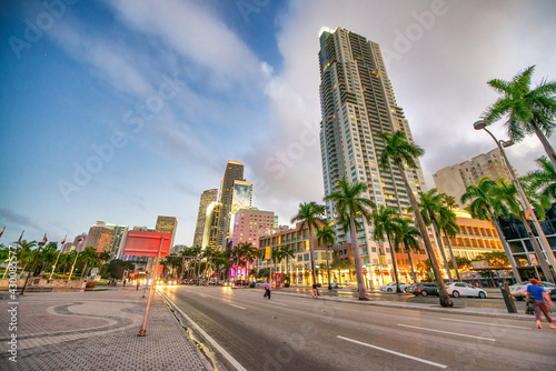 Downtown Miami skyscrapers at sunset from Bayfront Park, Florida