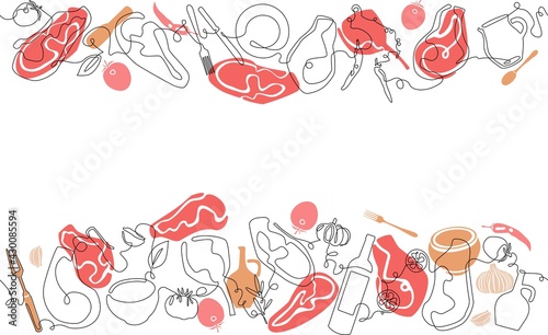 Two top and bottom Seamless Patterns with Meat, Vegetables, Utensils and empty space for text. Vector Background. Frame with organic food. Can be also yused like Banner, Flyer, Texture, Poster.