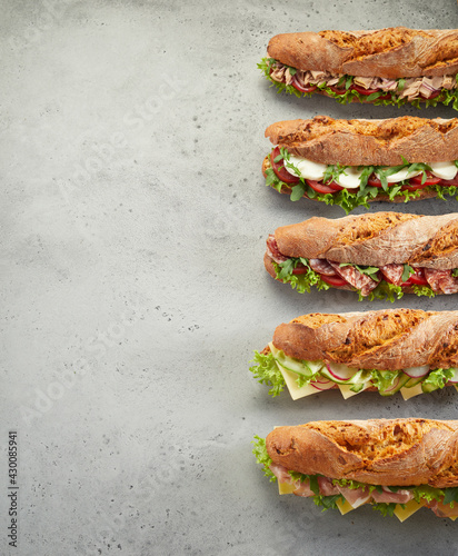 Row of fresh sandwiches on table photo