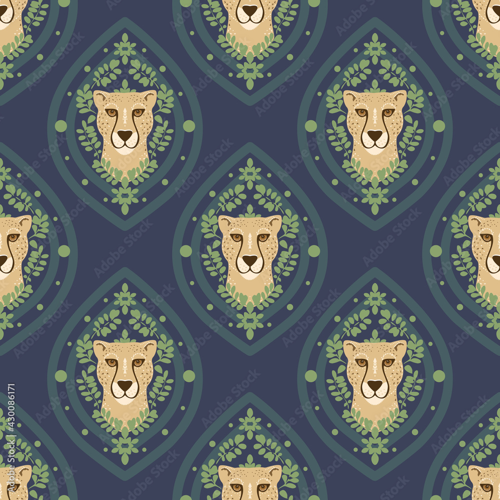 Vector Abstract Ogee Cheetah with Leaves on Navy Blue seamless pattern background. Perfect for fabric, scrapbooking and wallpaper projects. Vector Abstract Ogee Cheetah with Leaves on Navy Blue seamless pattern background. Perfect for fabric, scrapbooking and wallpaper projects.