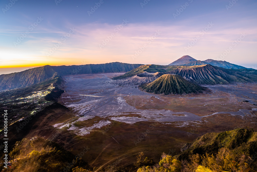 Sunrise on Bromo,Batok,Semeru volcano. Bromo is an active volcano and part of Tengger massif in Tengger caldera in East Java, Indonesia. Bromo Tengger Semeru National Park. Penanjakan Viewpoint.