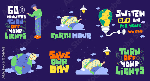Earth hour banner set. Planet earth day. Save our day. Turn off your light. 60 minutes.