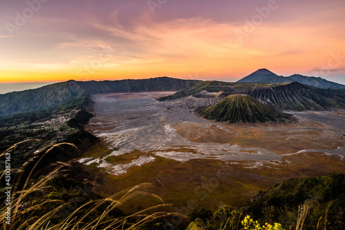 Sunrise on Bromo,Batok,Semeru volcano. Bromo is an active volcano and part of Tengger massif in Tengger caldera in East Java, Indonesia. Bromo Tengger Semeru National Park. Penanjakan Viewpoint.