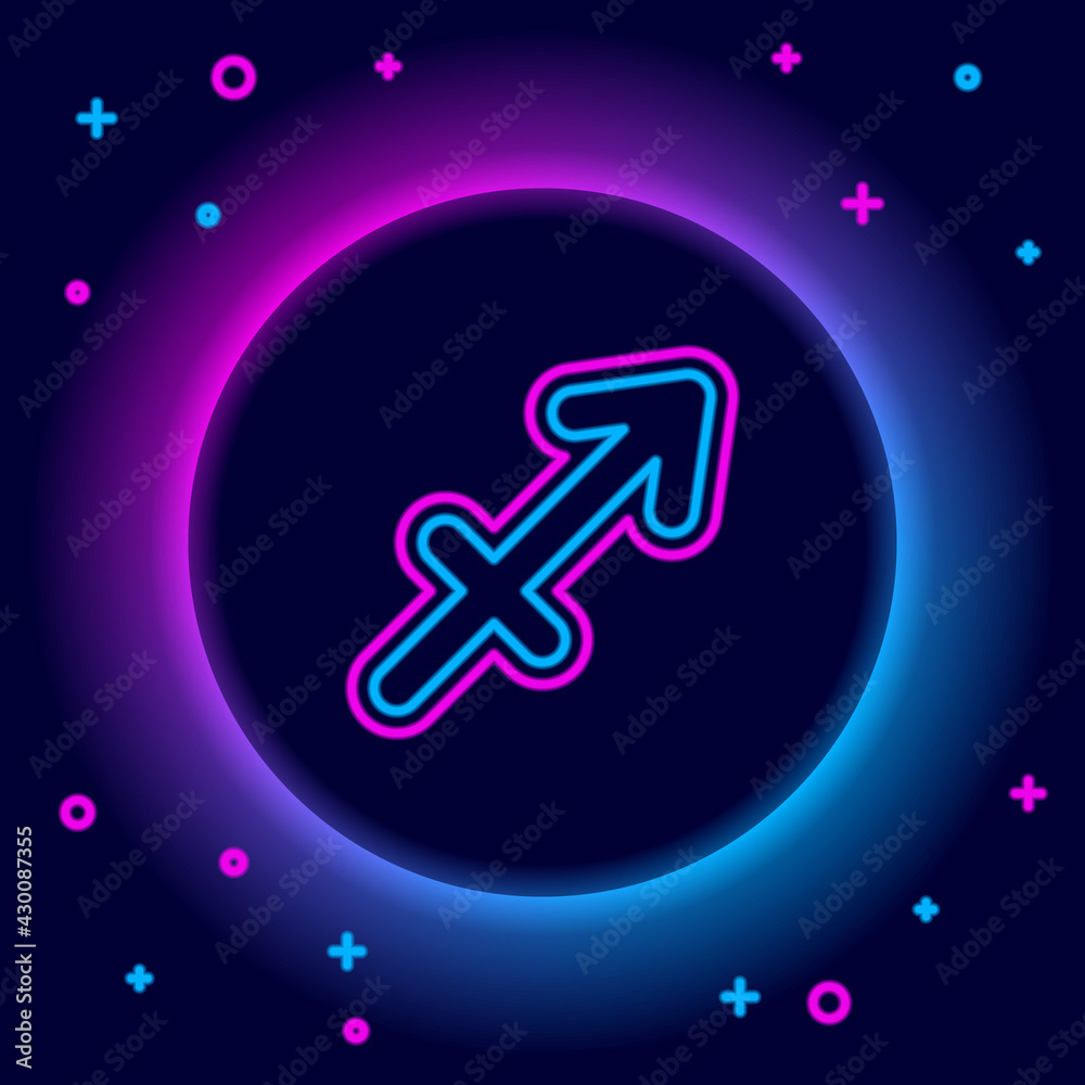 Glowing neon line Sagittarius zodiac sign icon isolated on black background. Astrological horoscope collection. Colorful outline concept. Vector Glowing neon line Sagittarius zodiac sign icon isolated on black background. Astrological horoscope collection. Colorful outline concept. Vector