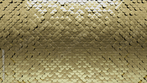 Luxurious, Gold Wall background with tiles. Fish Scale, tile Wallpaper with 3D, Polished blocks. 3D Render