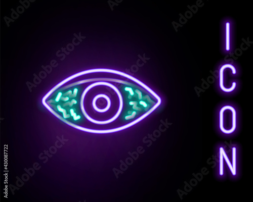 Glowing neon line Reddish eye due to viral, bacterial or allergic conjunctivitis icon isolated on black background. Colorful outline concept. Vector