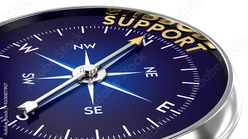 Compass made of metal and blue color. needle pointing to the golden support word. Marketing concept. 3D illustration