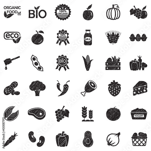 Organic Food Icons. Black Scribble Design. Vector Illustration.