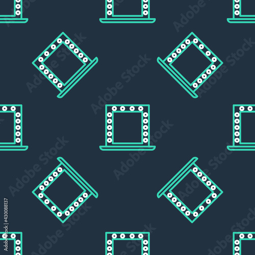 Line Makeup mirror with lights icon isolated seamless pattern on black background. Vector