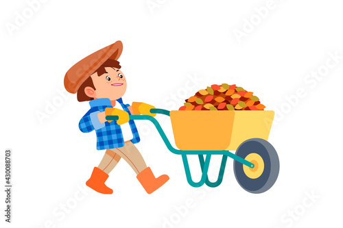 Cute little boy character pushes a wheelbarrow full of leaves and helps parents. Happy spring or autumn. Child in a hat removes leaves from the garden. Little gardener. Cartoon vector illustration