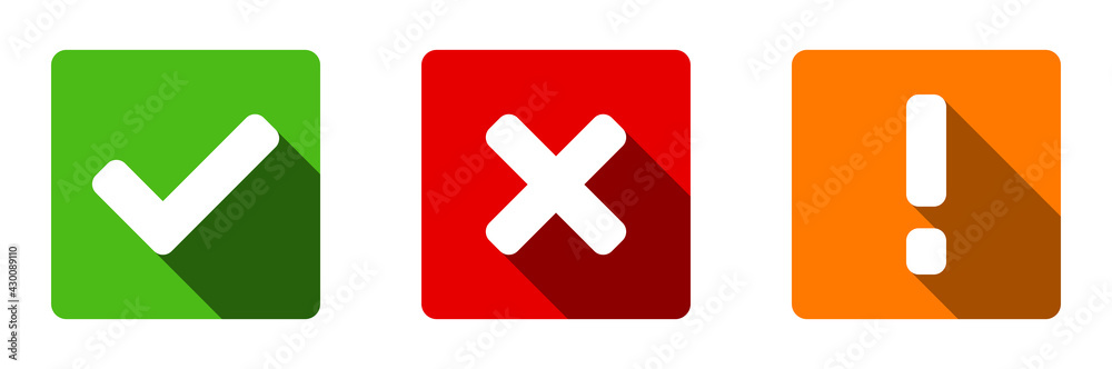 Green Yes or OK Red No or Declined Orange Problem or Warning Icon Set with Check Mark X Cross and Exclamation Mark Symbols in Squares with Rounded Corners and Shadow. Vector Image. Green Yes or OK Red No or Declined Orange Problem or Warning Icon Set with Check Mark X Cross and Exclamation Mark Symbols in Squares with Rounded Corners and Shadow. Vector Image.