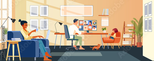 Happy multi ethnic family working at home with child. Smiling couple Businessmen with group of colleagues taking part in video conference. Online communication. Cartoon vector illustration