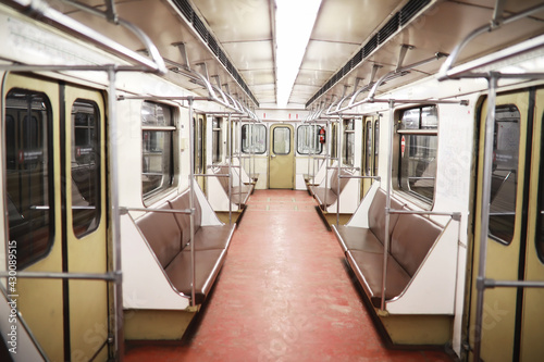 Subway car with empty seats. Empty subway.