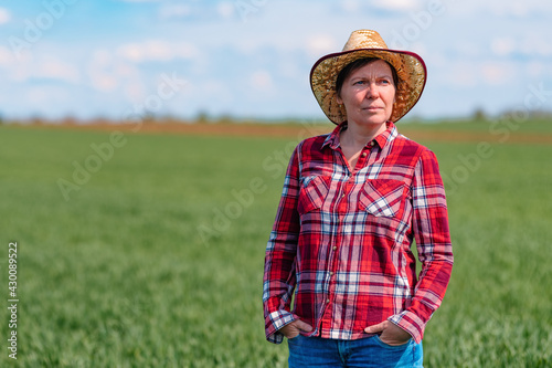 Portrait of confident female farmer standing in green wheat field