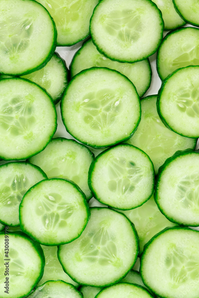 Cucumber slices texture, overhead flat lay shot