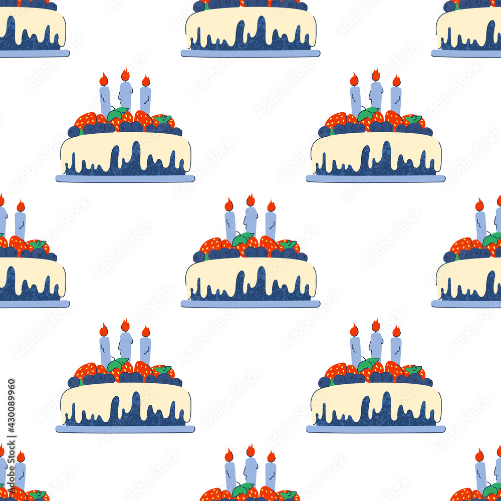 Seamless pattern with cakes decorated with berries. Background for birthday decoration with candles. Design for postcards and invitations. Vector illustration