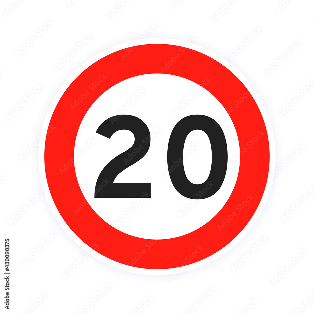 Speed limit 20 round road traffic icon sign flat style design vector illustration isolated on white background. Circle standard road sign with number 20 kmh. Speed limit 20 round road traffic icon sign flat style design vector illustration isolated on white background. Circle standard road sign with number 20 kmh.