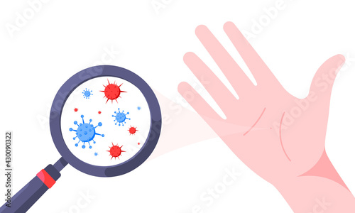 Germs, bacterias and viruses on dirty hand palm vector illustration isolated on white background. Palm and viruses visible with magnifier glass. Wash your hand personal hygiene concept.