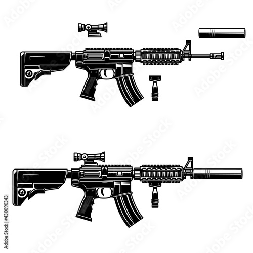 Illustration of american automatic assault rifle. Design element for logo, label, sign, emblem, poster. Vector illustration