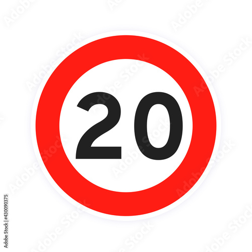 Speed limit 20 round road traffic icon sign flat style design vector illustration isolated on white background. Circle standard road sign with number 20 kmh.