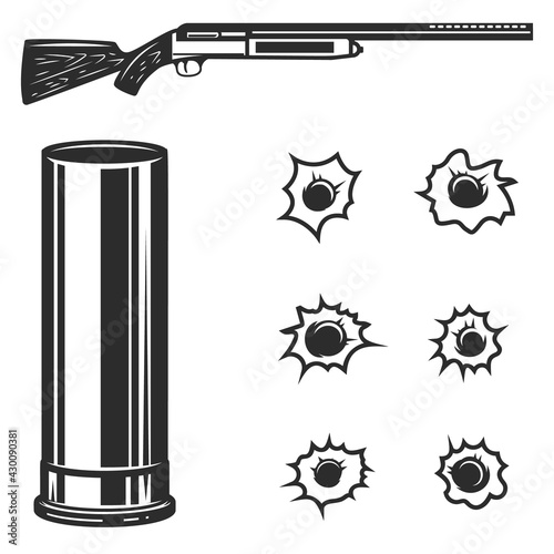 Illustration of hunting rifle with bullets. Set of bullet holes. Design element for logo, label, sign, emblem, poster. Vector illustration