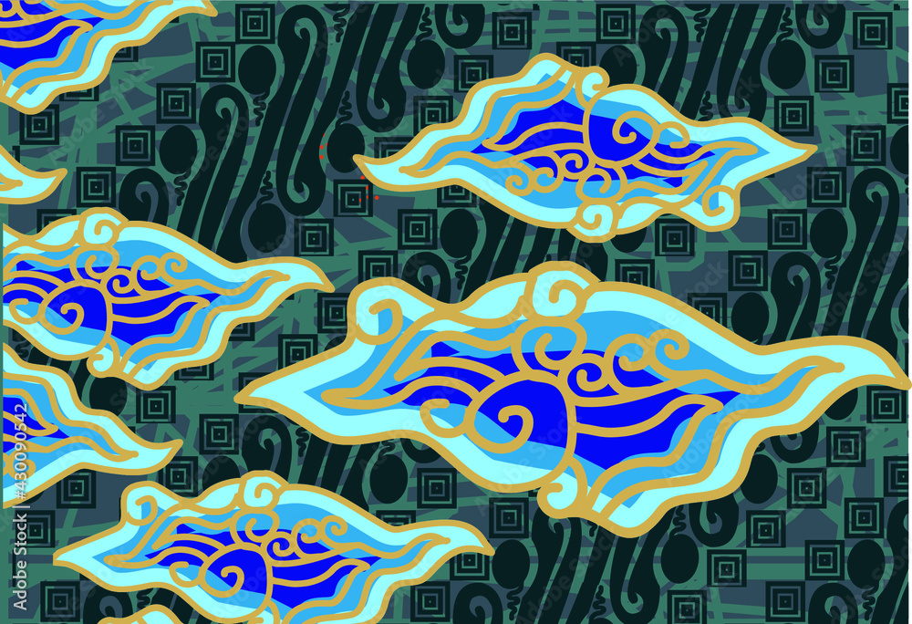 Motif Mega Mendung, batik motif typical of West Java Indonesia, curved line pattern with cloud objects, with developments and various artistic colors Motif Mega Mendung, batik motif typical of West Java Indonesia, curved line pattern with cloud objects, with developments and various artistic colors