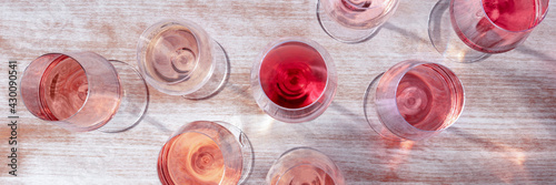 Rose wine panorama, various shades of rose wine