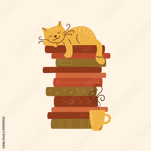 A stack of books with a sleeping cat and cup of hot tea. Cute kitty sleeping on books pile. Vector illustration on white background.