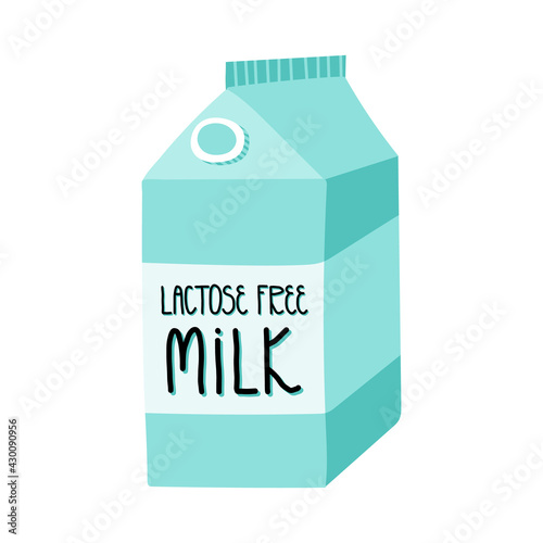 Cute hand-drawn lactose free milk and in a carton box pack with lettering. Vector illustration.