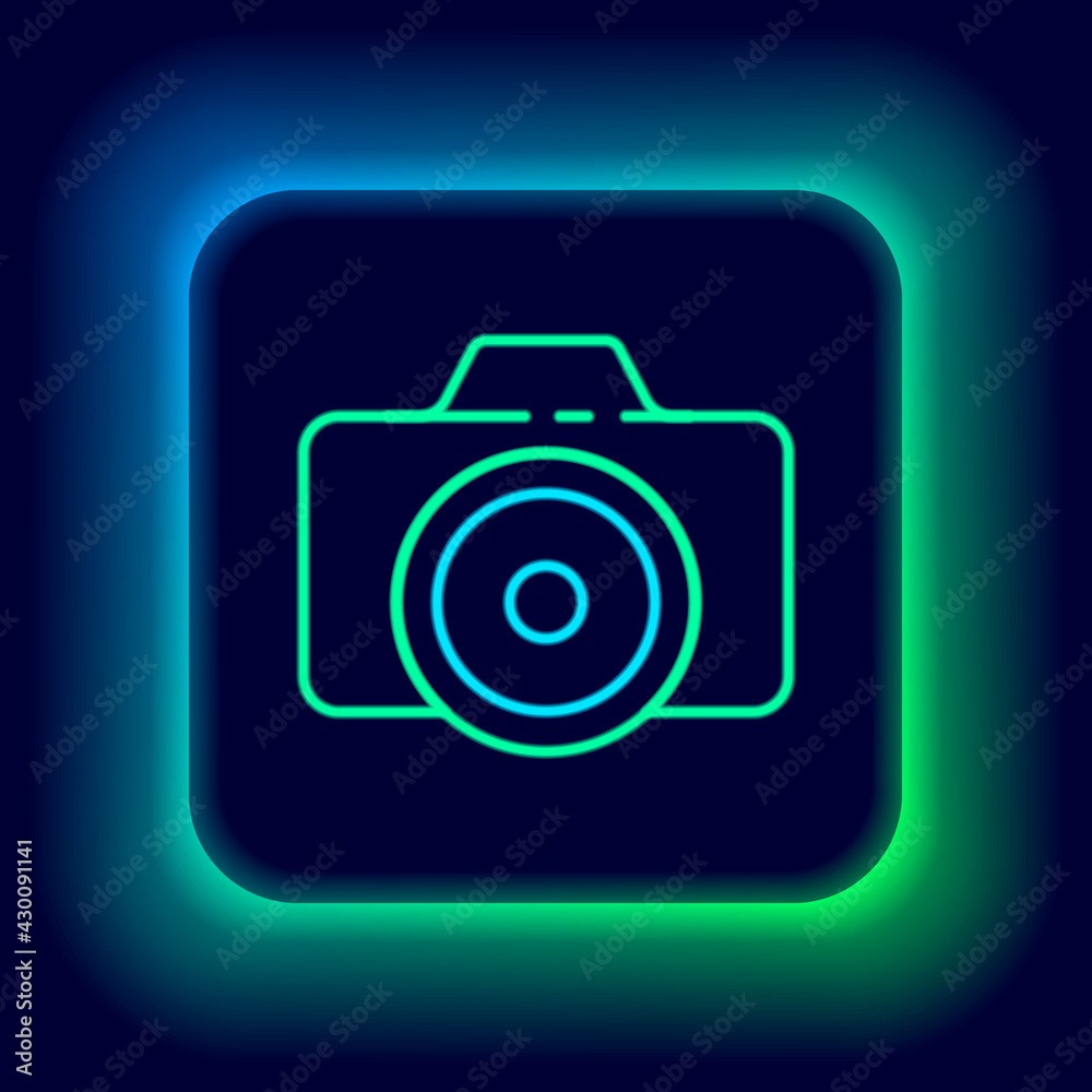 Glowing neon line Photo camera icon isolated on black background. Foto camera icon. Colorful outline concept. Vector Glowing neon line Photo camera icon isolated on black background. Foto camera icon. Colorful outline concept. Vector