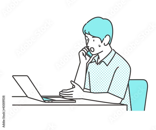 必死で説明しているテレワーク中の男性のイラストカット   困り顔 スマホ PC