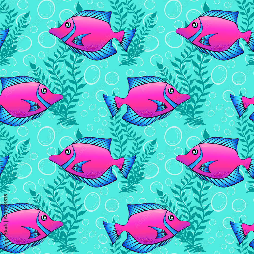 Tropical coral fishes and waterweeds seamless pattern. Exotic ocean creatures surface pattern design. Marine animals endless texture. Underwater fauna boundless background. Sea life editable tile.