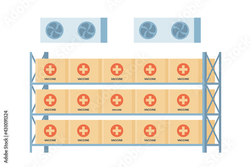 Coronavirus vaccine storage room with cold temperature. Warehouse with covid vaccines. Anti virus campaign. Vector illustration on flat style in white background.