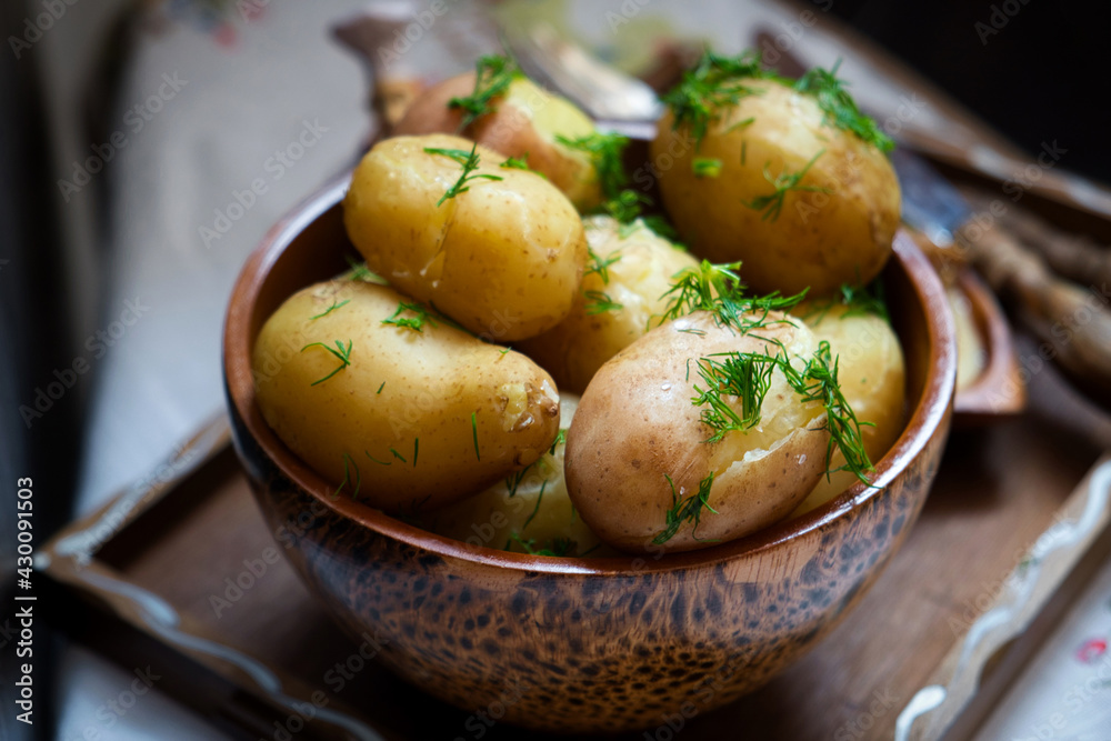 Delicious spring dinner - boiled young potatoes with butter and dill served in the eco coconut bowl Delicious spring dinner - boiled young potatoes with butter and dill served in the eco coconut bowl