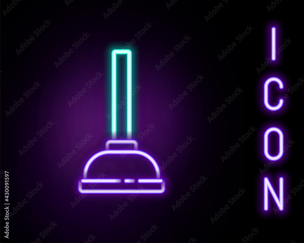 Glowing neon line Rubber plunger with wooden handle for pipe cleaning icon isolated on black background. Toilet plunger. Colorful outline concept. Vector Glowing neon line Rubber plunger with wooden handle for pipe cleaning icon isolated on black background. Toilet plunger. Colorful outline concept. Vector