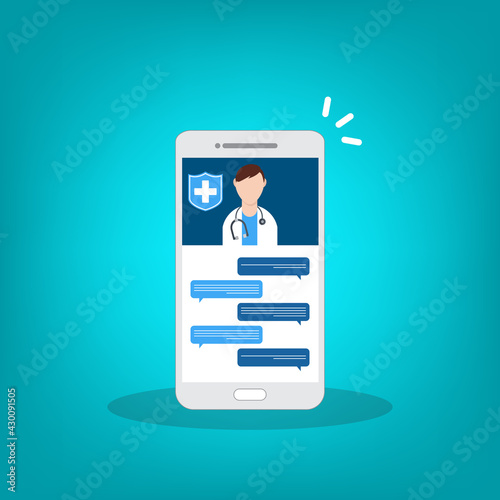 Telemedicine, smart phone chat with doctor on screen.	
