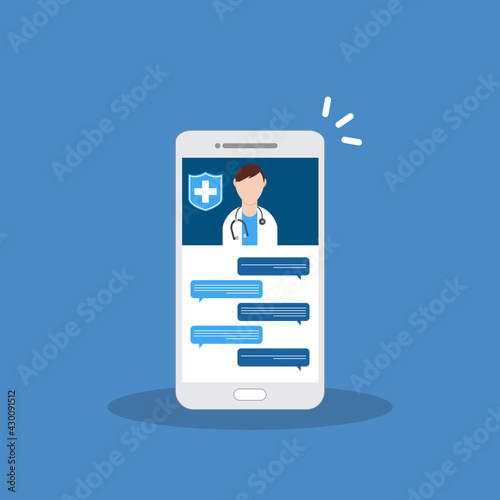 Telemedicine, smart phone chat with doctor on screen.	