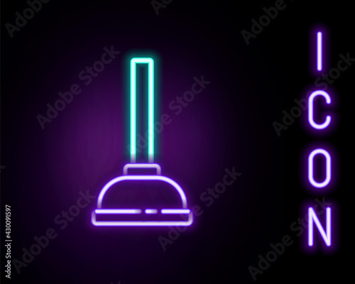 Glowing neon line Rubber plunger with wooden handle for pipe cleaning icon isolated on black background. Toilet plunger. Colorful outline concept. Vector