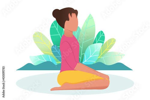 A woman is engaged in yoga in nature. The yoga pose is called Olmaz. The concept of a healthy lifestyle and yoga in nature. Flat. Cartoon style. Vector.